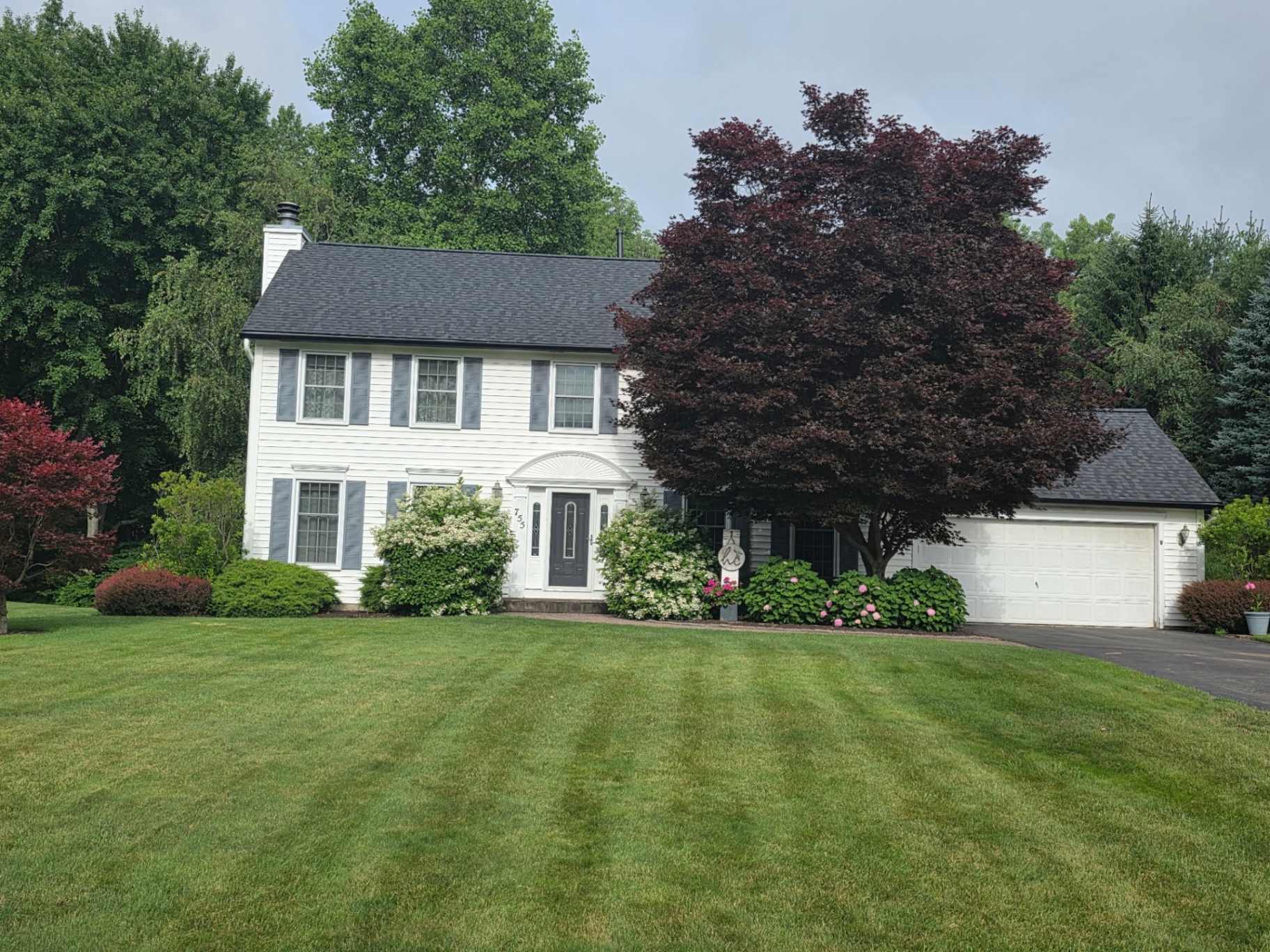 Fresh install — Max Def Moire Black with 6" black seamless gutters & white downspouts